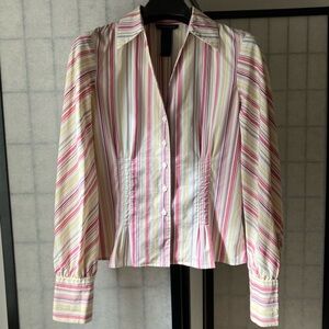 Kenneth Cole New York Blouse Button Down Multicolor Pinstripes Long Sleeve Cuff